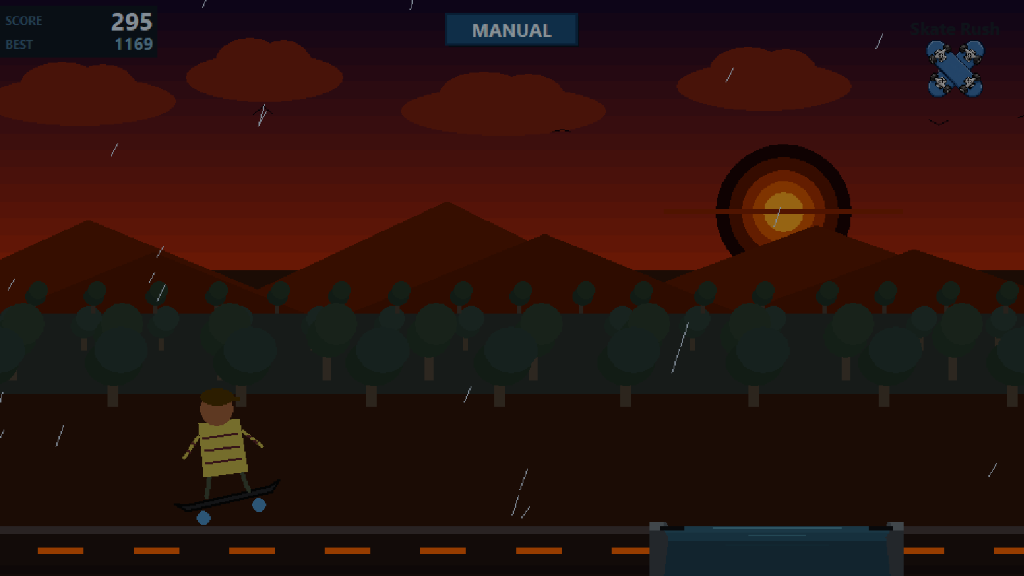 Skate Rush gameplay with a skater jumping through a retro street scene